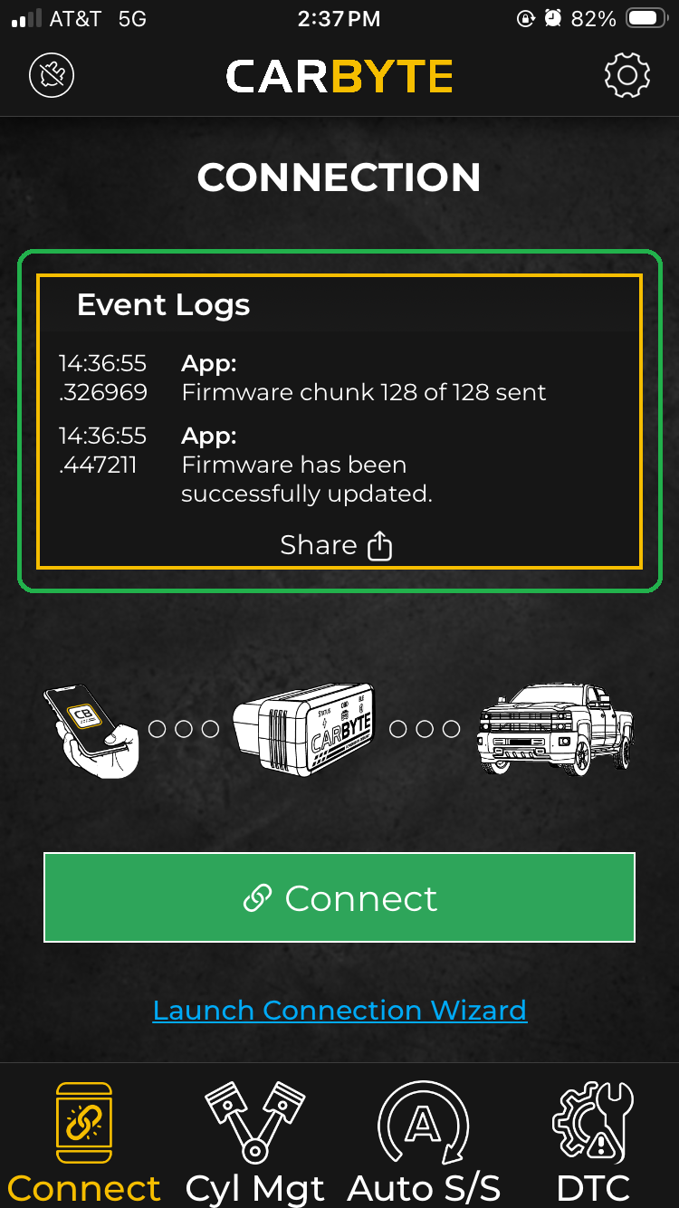 iOS screen showing the Connection tab. The vehicle is not connected. The Event Logs section is highlighted. 