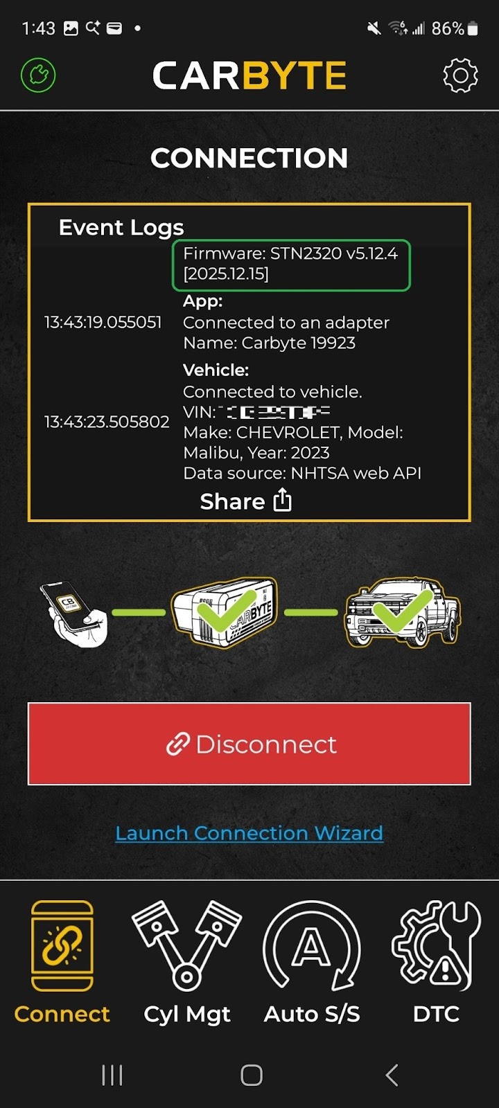 Android screen showing the Connection tab. The vehicle is connected. The Firmware version in the Event Logs section is highlighted. 