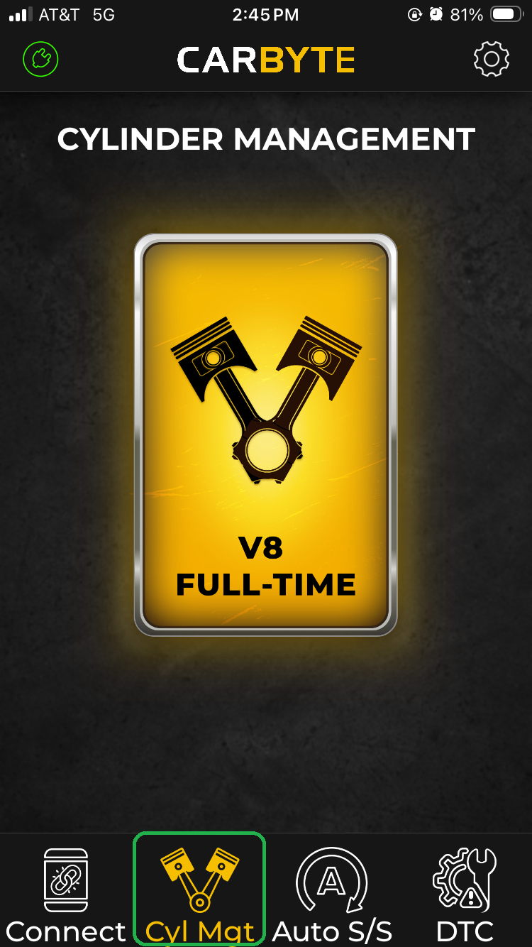 iOS screen showing the Cylinder Management tab (highlighted).