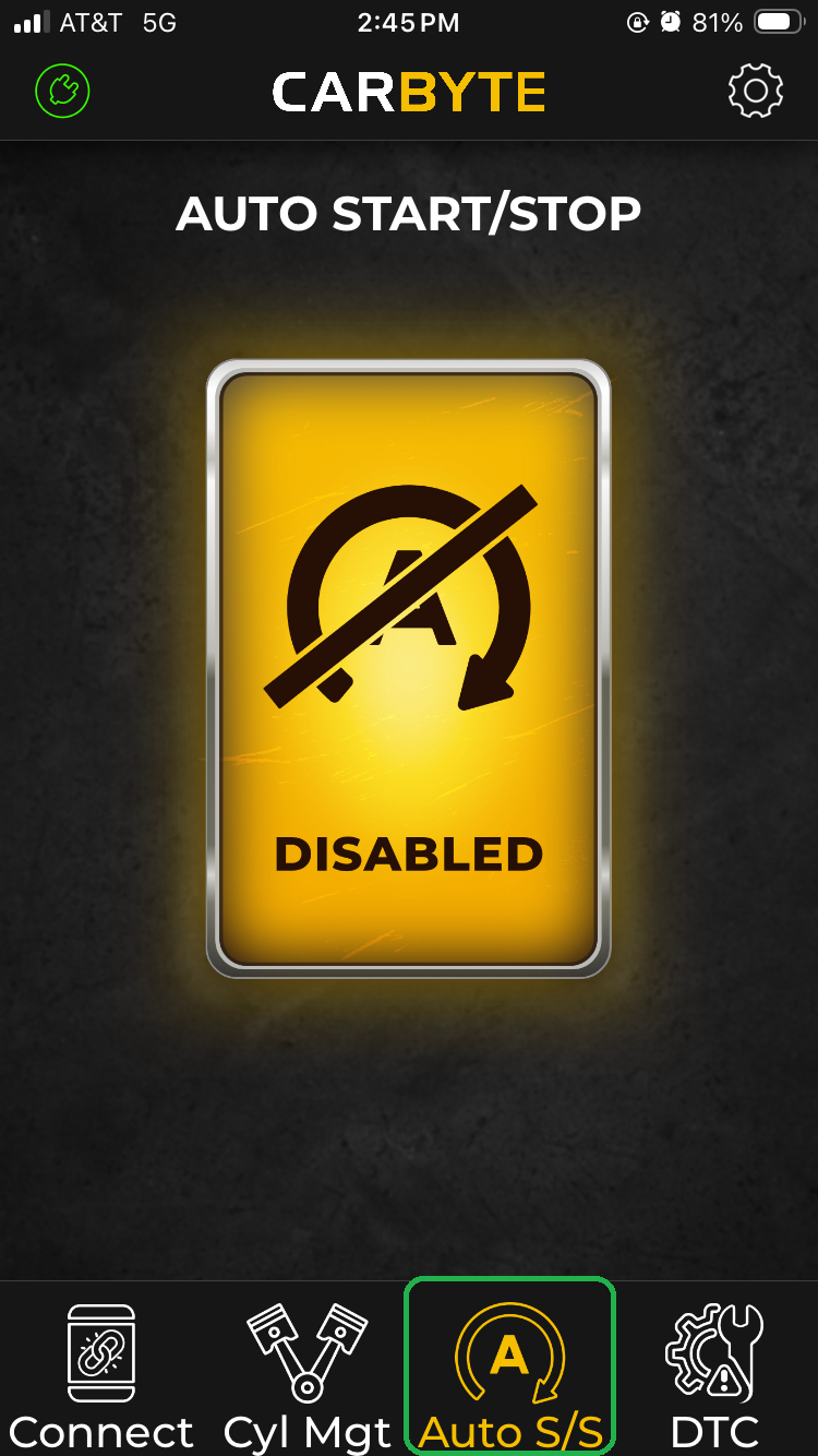 iOS screen showing the Auto Start/Stop tab (highlighted).