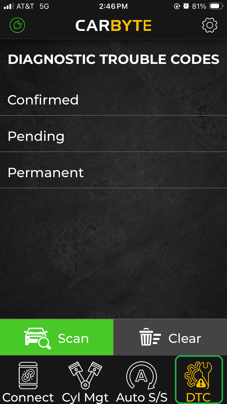 iOS screen showing the Diagnostic Trouble Codes tab (highlighted).