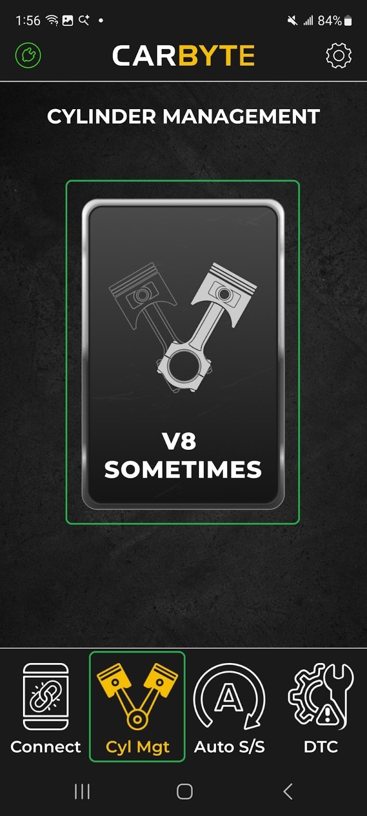 Android screen showing the Cylinder Management tab (highlighted). The central icon is labeled "V8 Sometimes" and it is highlighted.