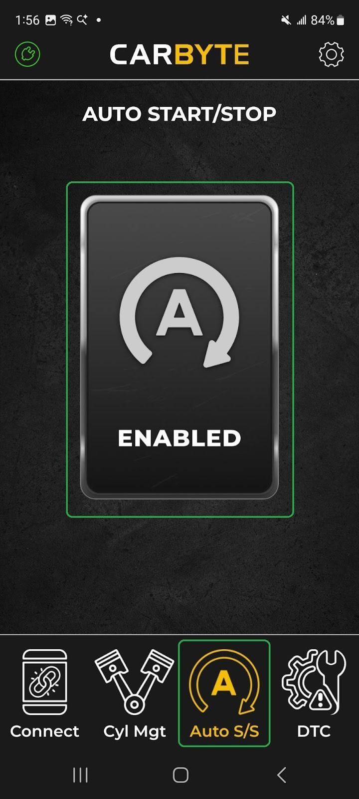 Android screen showing the Auto Start/Stop tab (highlighted). The central icon is labeled "Enabled" and it is highlighted.