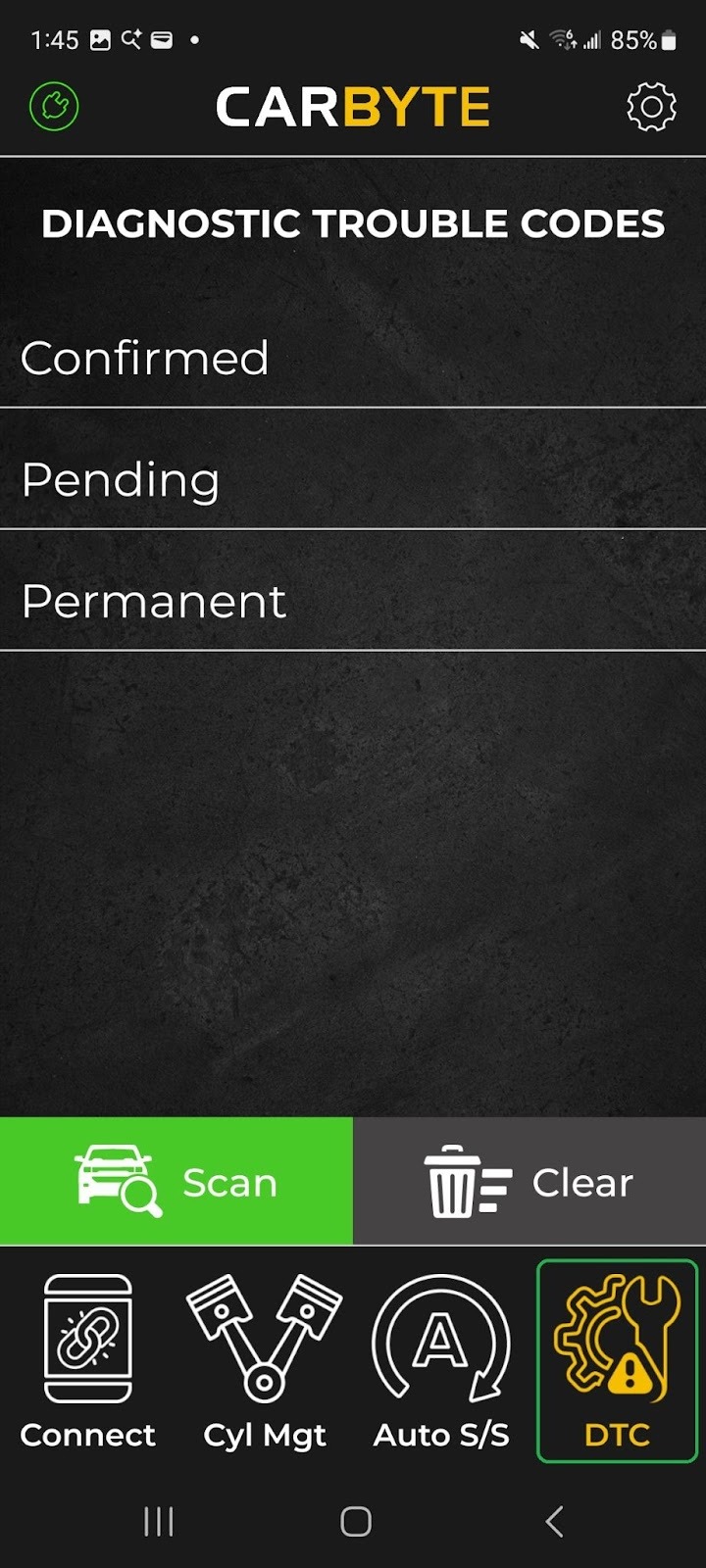 Android screen showing the Diagnostic Trouble Codes tab (highlighted).