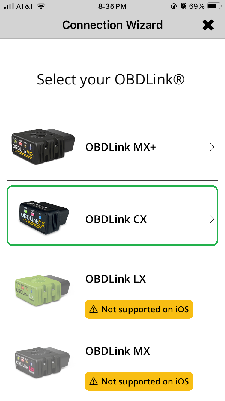 iOS screen showing the OBDLink app Connection Wizard. The screen says "Select your OBDLink". The option for OBDLink CX is highlighted.