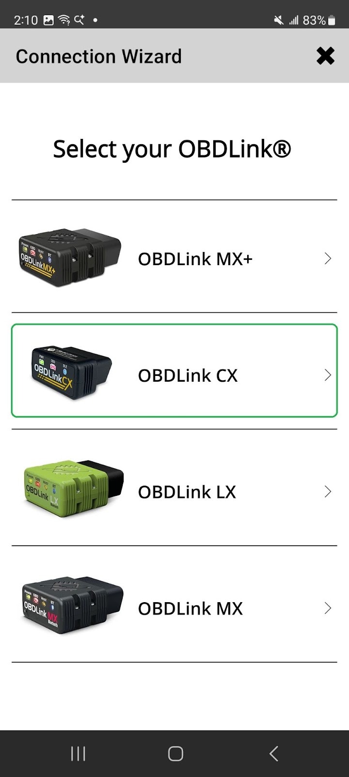 Android screen showing the OBDLink app Connection Wizard. The screen says "Select your OBDLink". The option for OBDLink CX is highlighted.