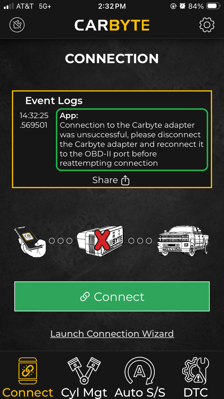 iOS screen showing the Connection tab. The vehicle is not connected. The Event Logs section has a message describing a connection failure. The message is highlighted. The Carbyte diagram has a red X on it.