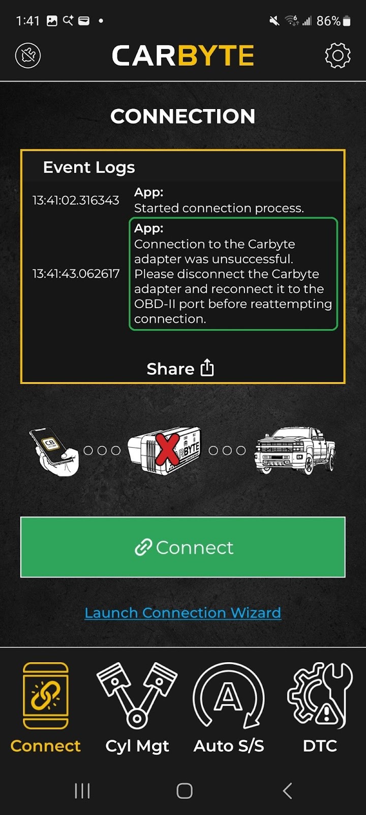 Android screen showing the Connection tab. The vehicle is not connected. The Event Logs section has a message describing a connection failure. The message is highlighted. The Carbyte diagram has a red X on it. 