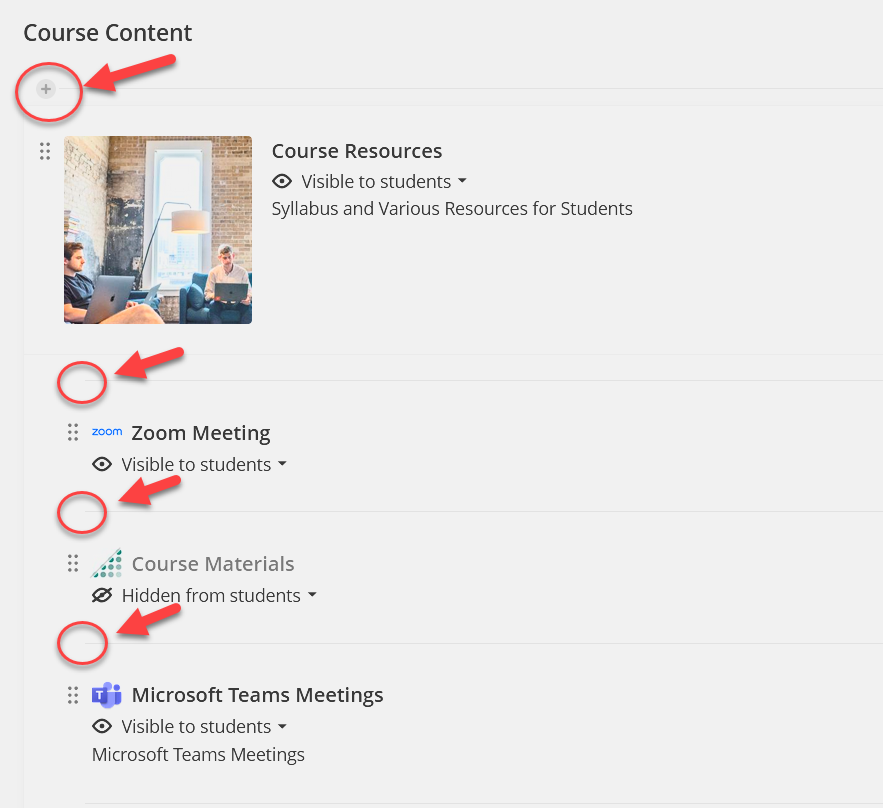 Image showing locations where items can be created, by hitting the "+" button on the content page