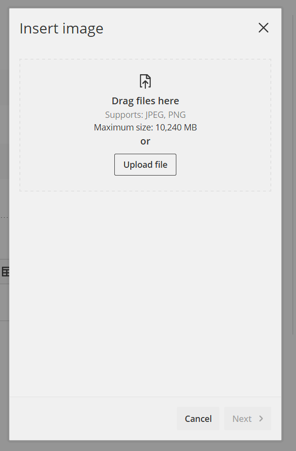 Image showing the design and layout of the "Insert Image" popup. 