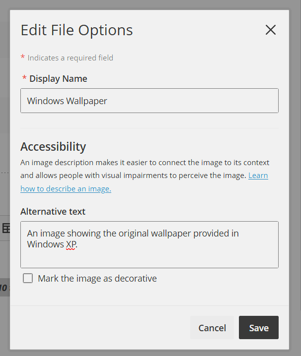 Screenshot showing popup options for Image title and Alternative text descriptor.