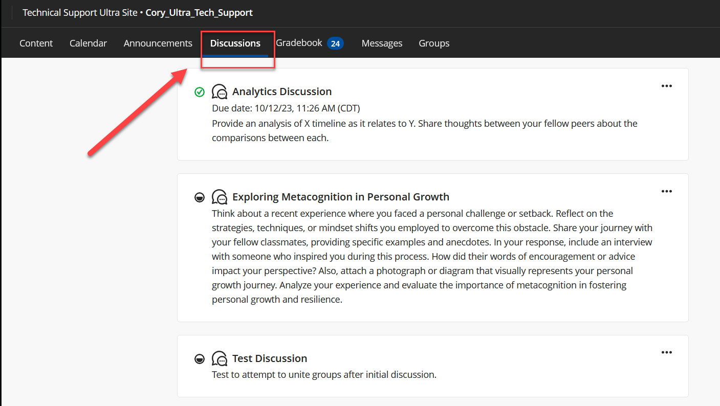Image showing the location of the Discussion Tab. 