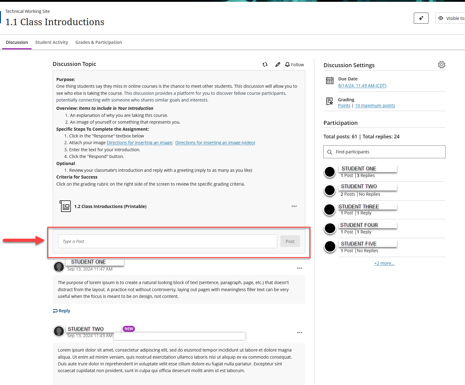 Image showing the location of the "Type a Post" placeholder text box. 