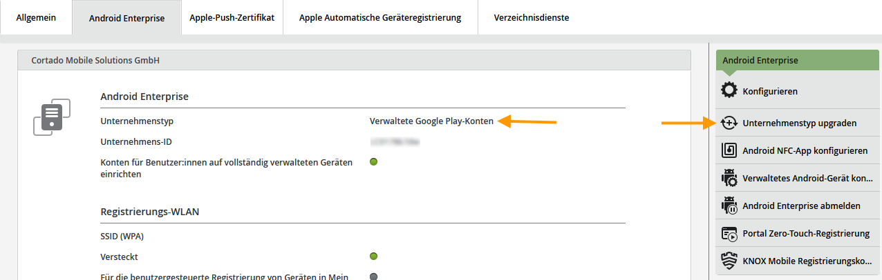Unternehmenstyp upgraden auswählen