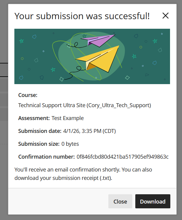 Image displaying popup showing the submission was successful, and that the record can be downloaded. 