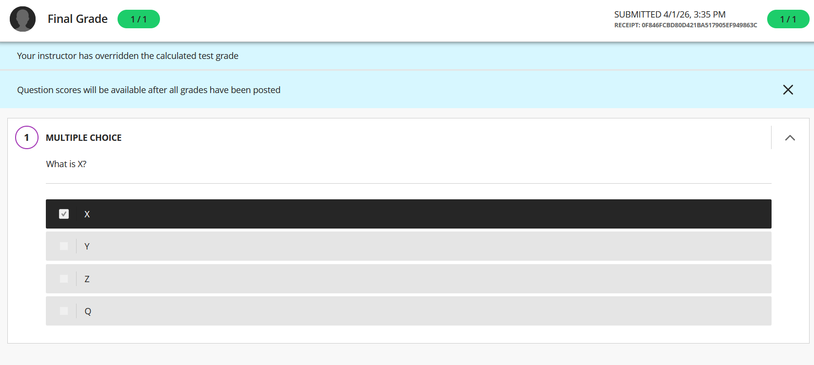 Image showing the details found with the submission view, including the grade, the date of submission and the question scores. 