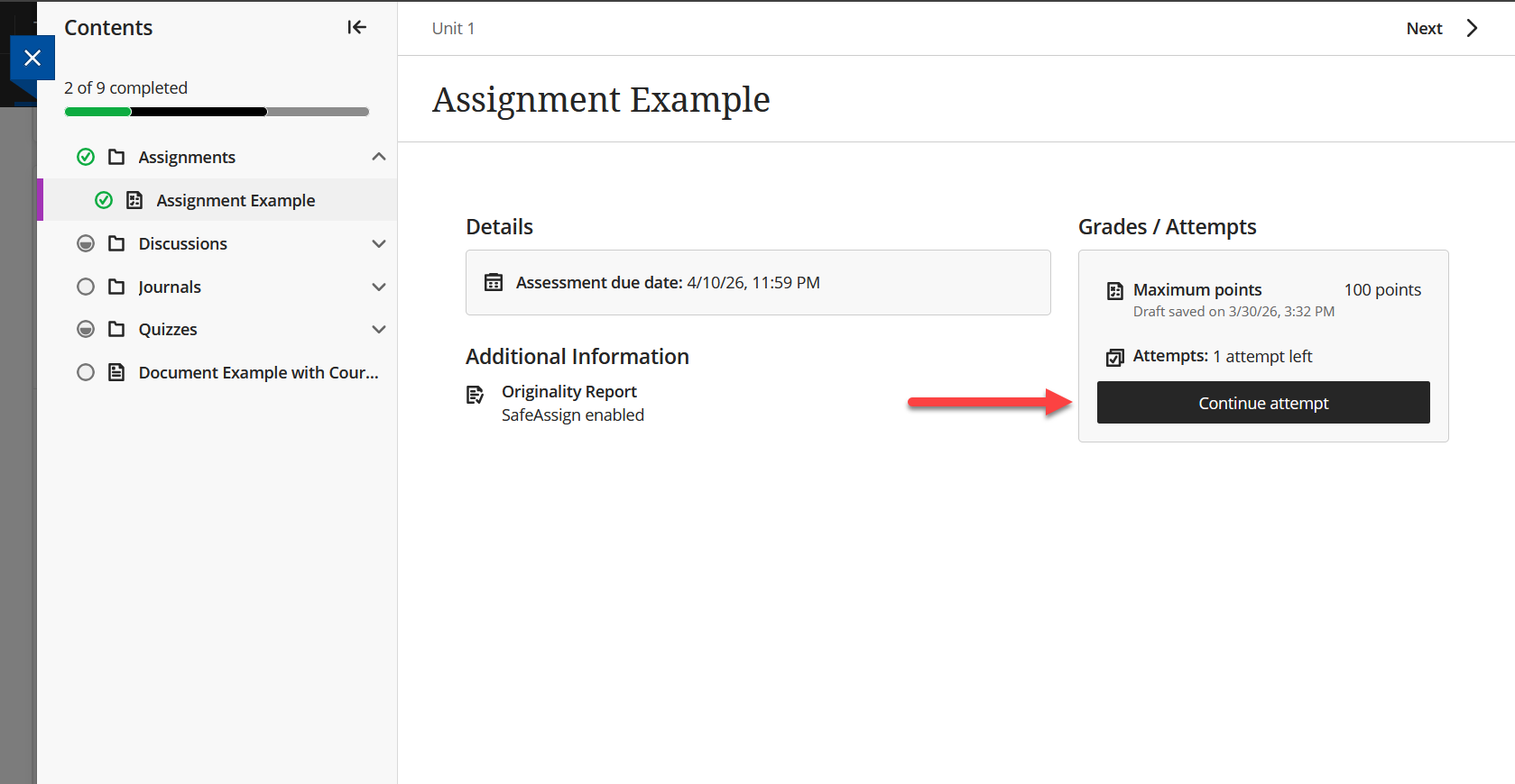 Example of the window preview that precedes an assignment attempt.