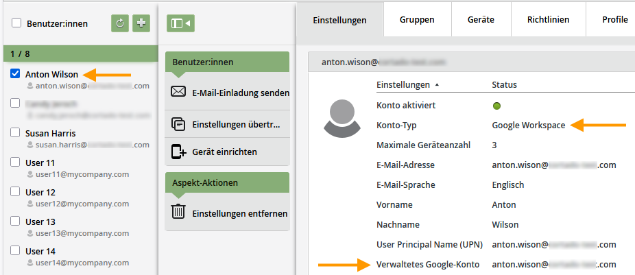 Google-Konto in der Benutzerverwaltung