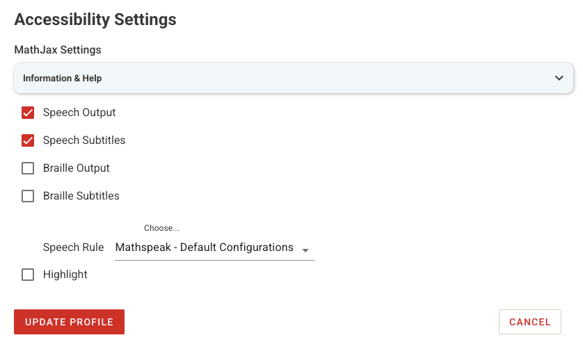 The accessibility settings in the User Profile have options for Speech Output and Speech Subtitles enabled and Braille output and Braille subtitles disabled by default. There are also options for Speech Rules and Semantic highlighting.