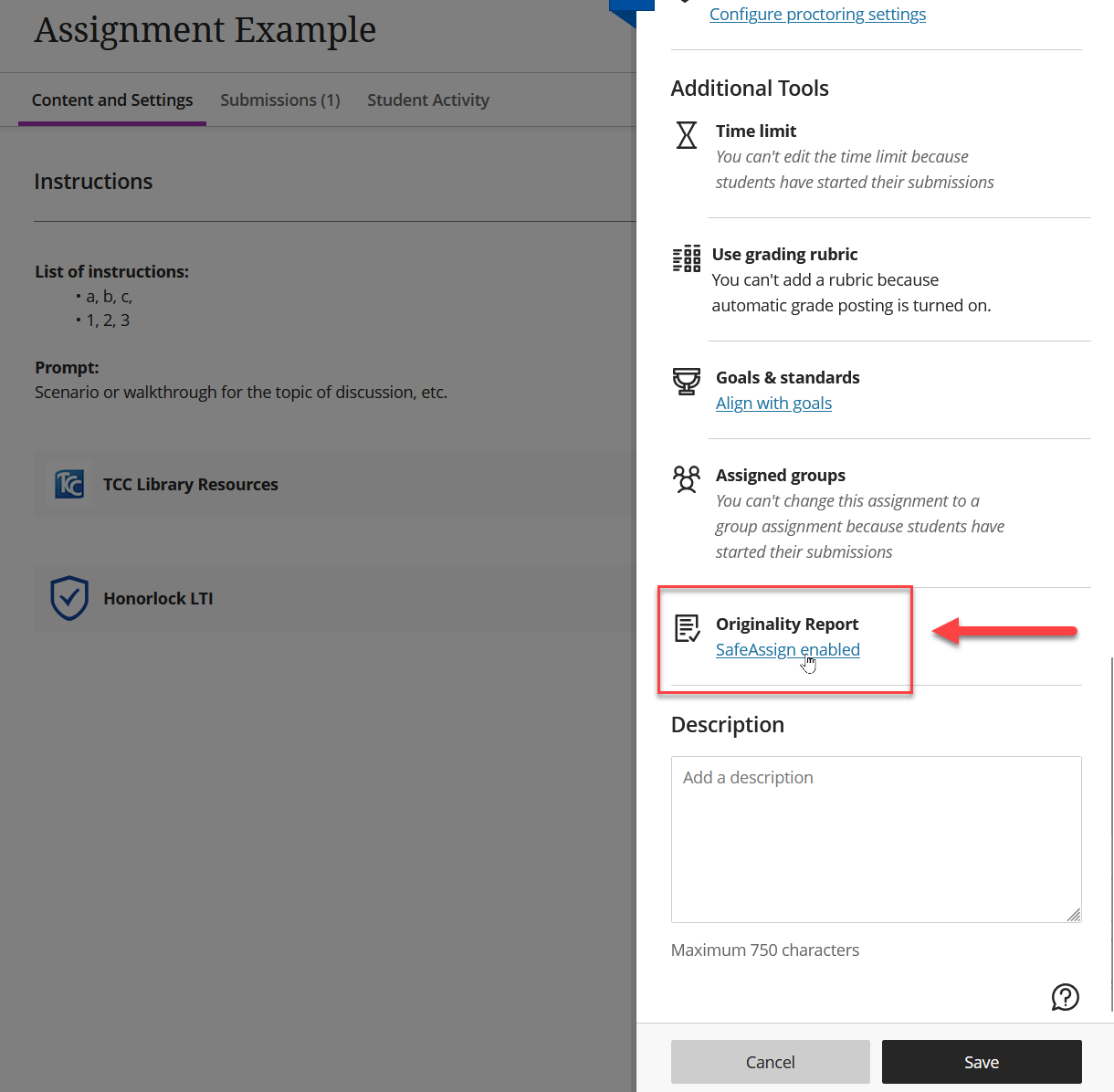 Image showing where to find the SafeAssign settings 