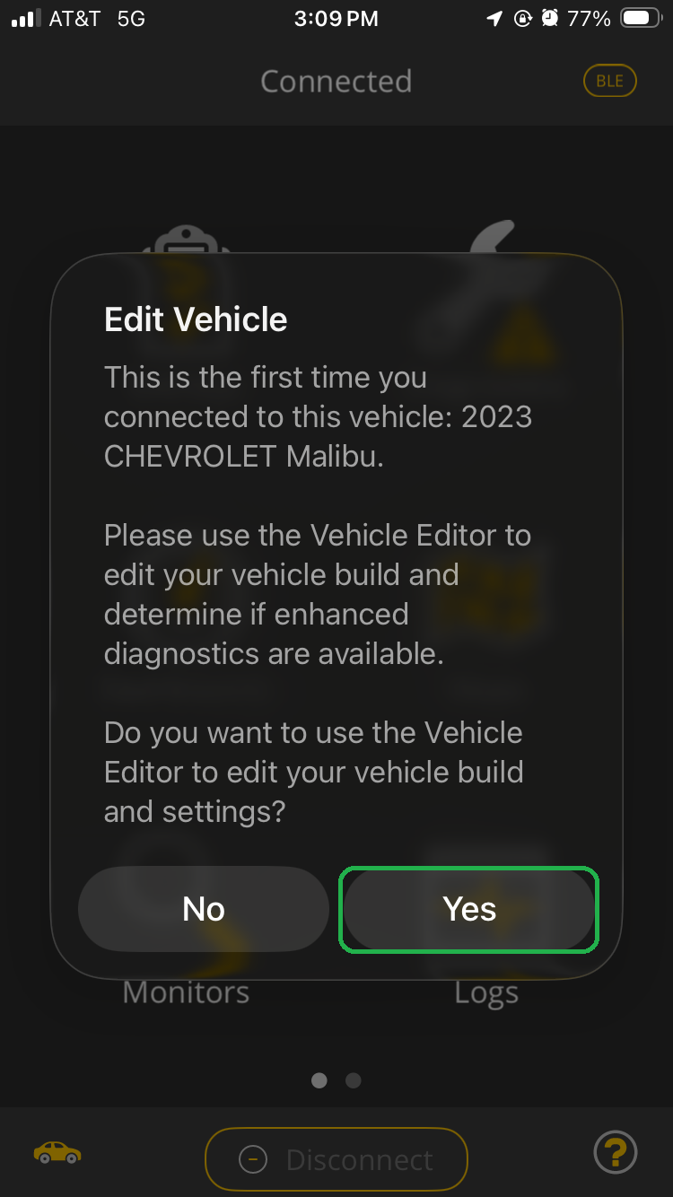 iOS screen showing New Vehicle dialog. The Yes button is highlighted.