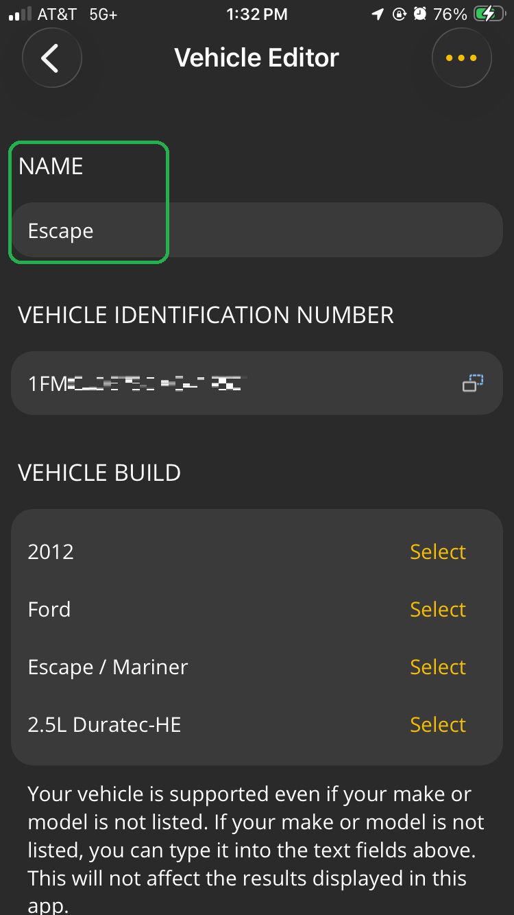 iOS screen showing the Vehicle Editor options. The customized vehicle name is highlighted.