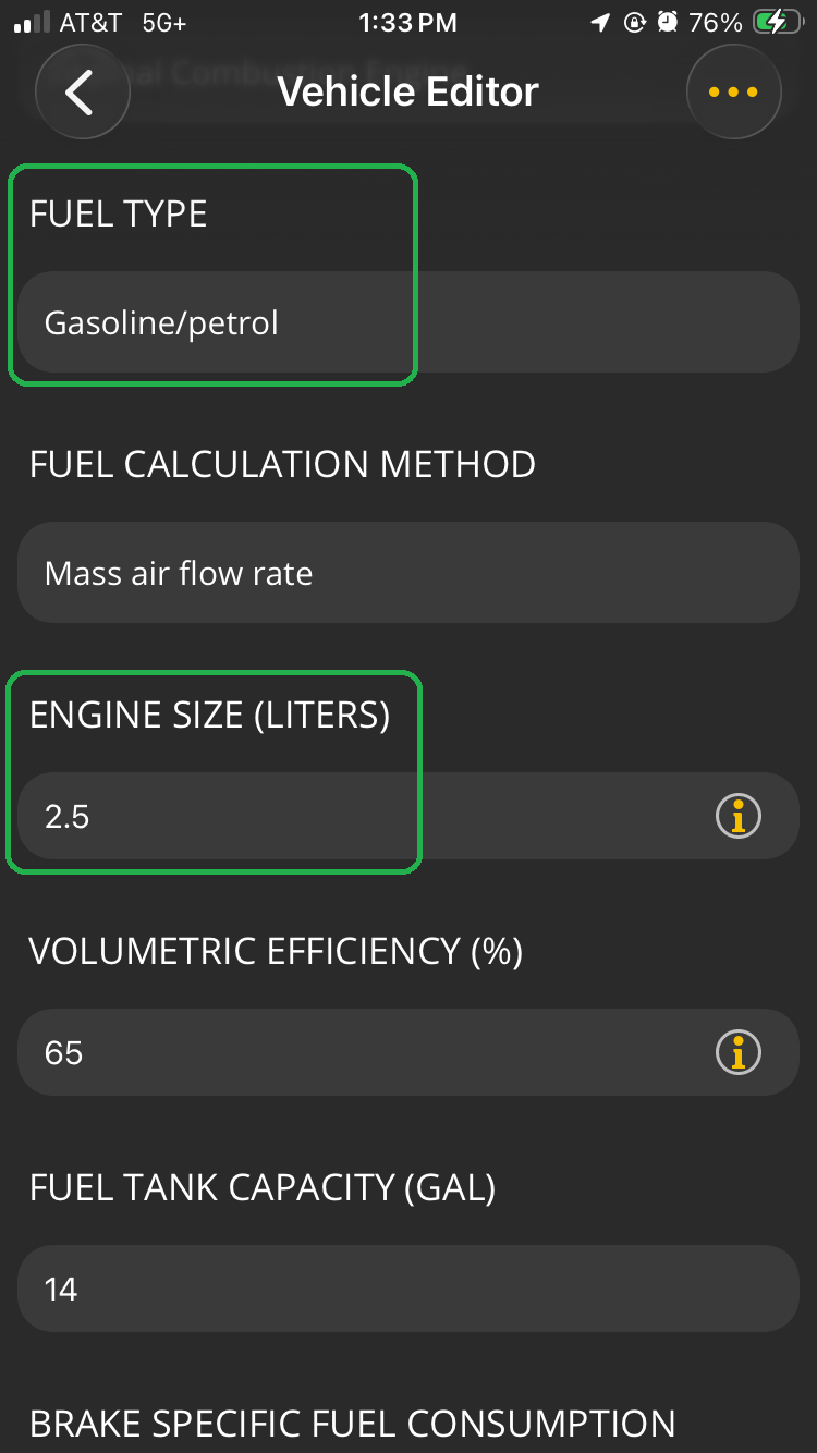 iOS screen showing the Vehicle Editor menu. The Fuel Type and Engine Size options are highlighted.