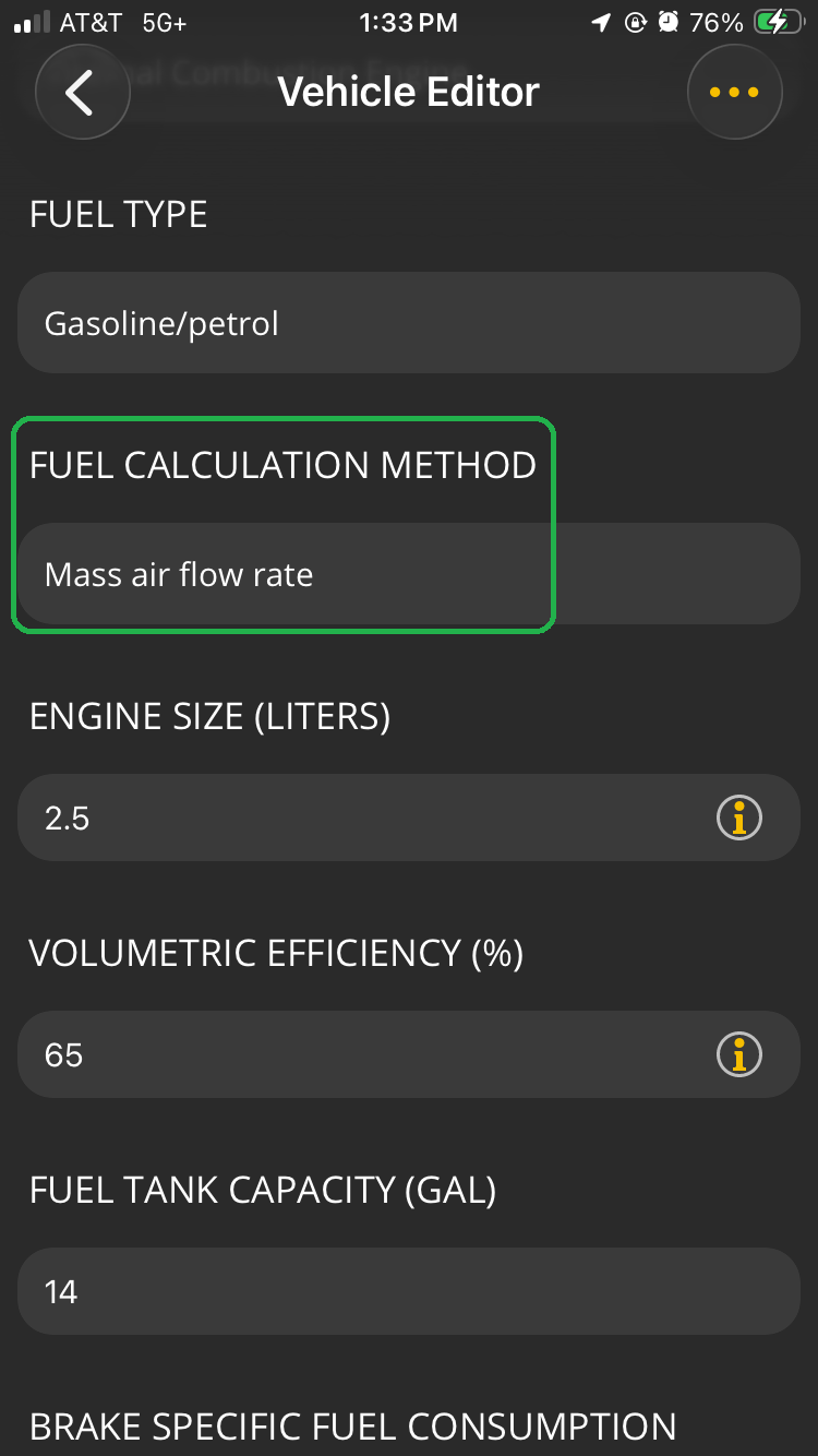 iOS screen showing Vehicle Editor options. The Fuel Calculation Method field is highlighted.