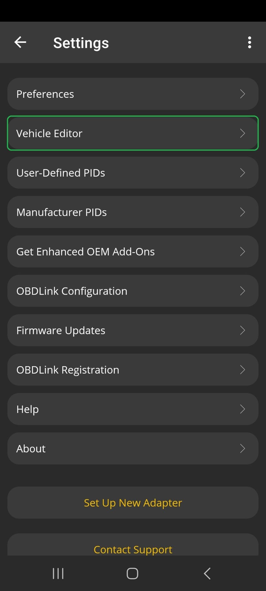 Android Settings menu, with the Vehicle Editor option highlighted.