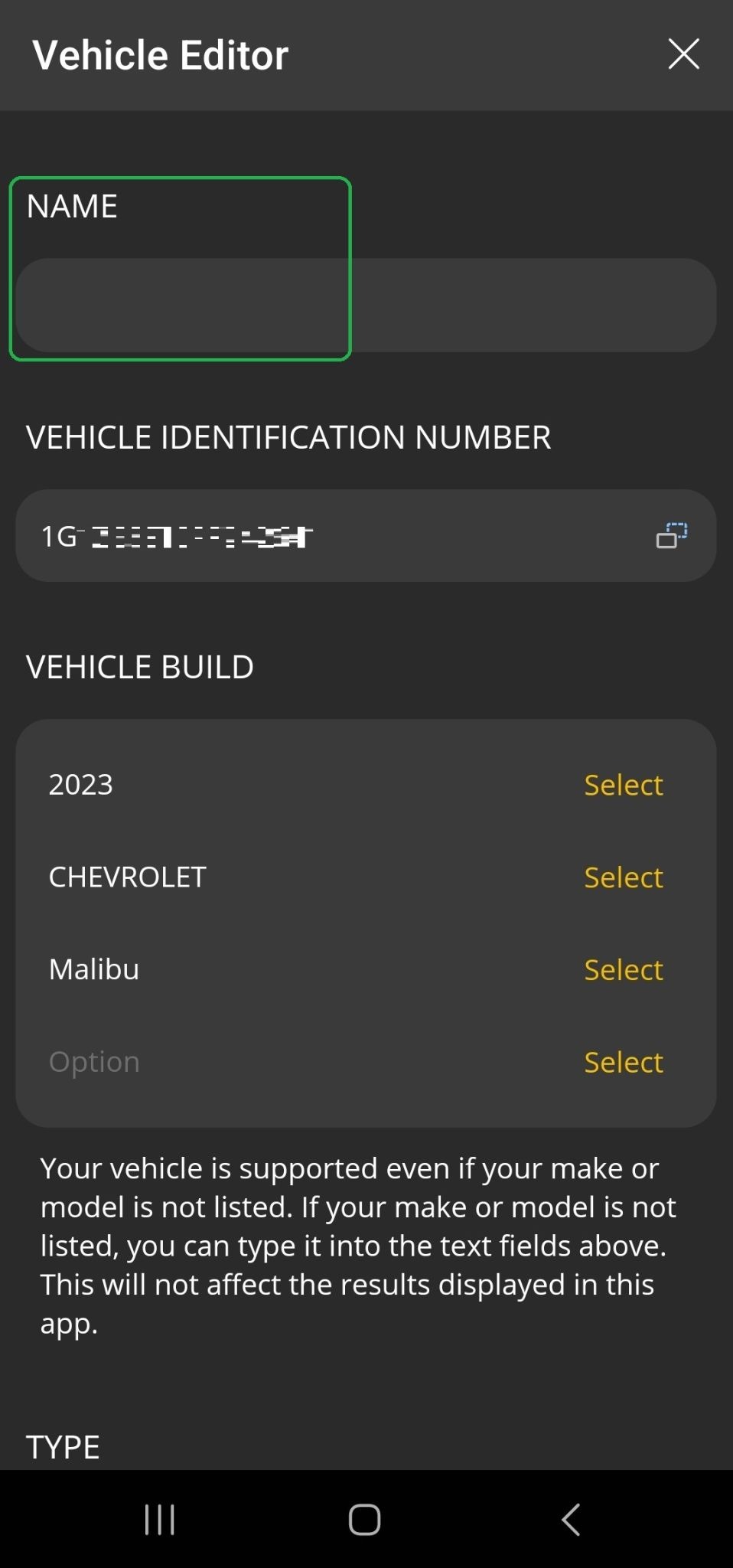 Android screen showing the Vehicle Editor options. The customized vehicle name field is blank and it is highlighted.