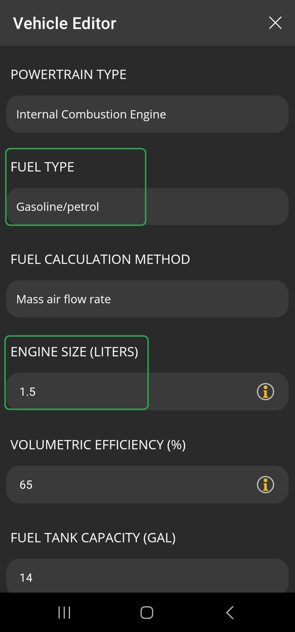 Android screen showing the Vehicle Editor menu. The Fuel Type and Engine Size options are highlighted.