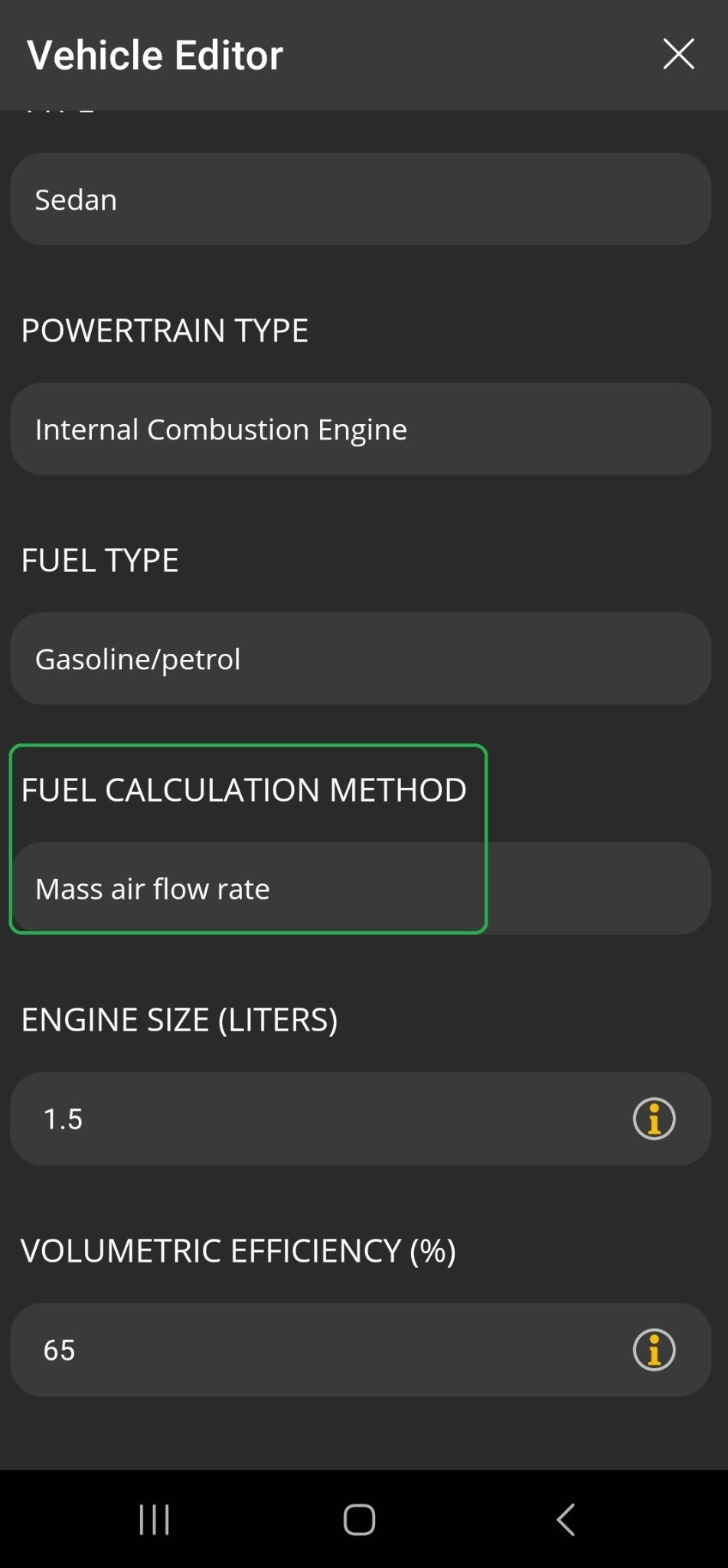 Android screen showing Vehicle Editor options. The Fuel Calculation Method field is highlighted.