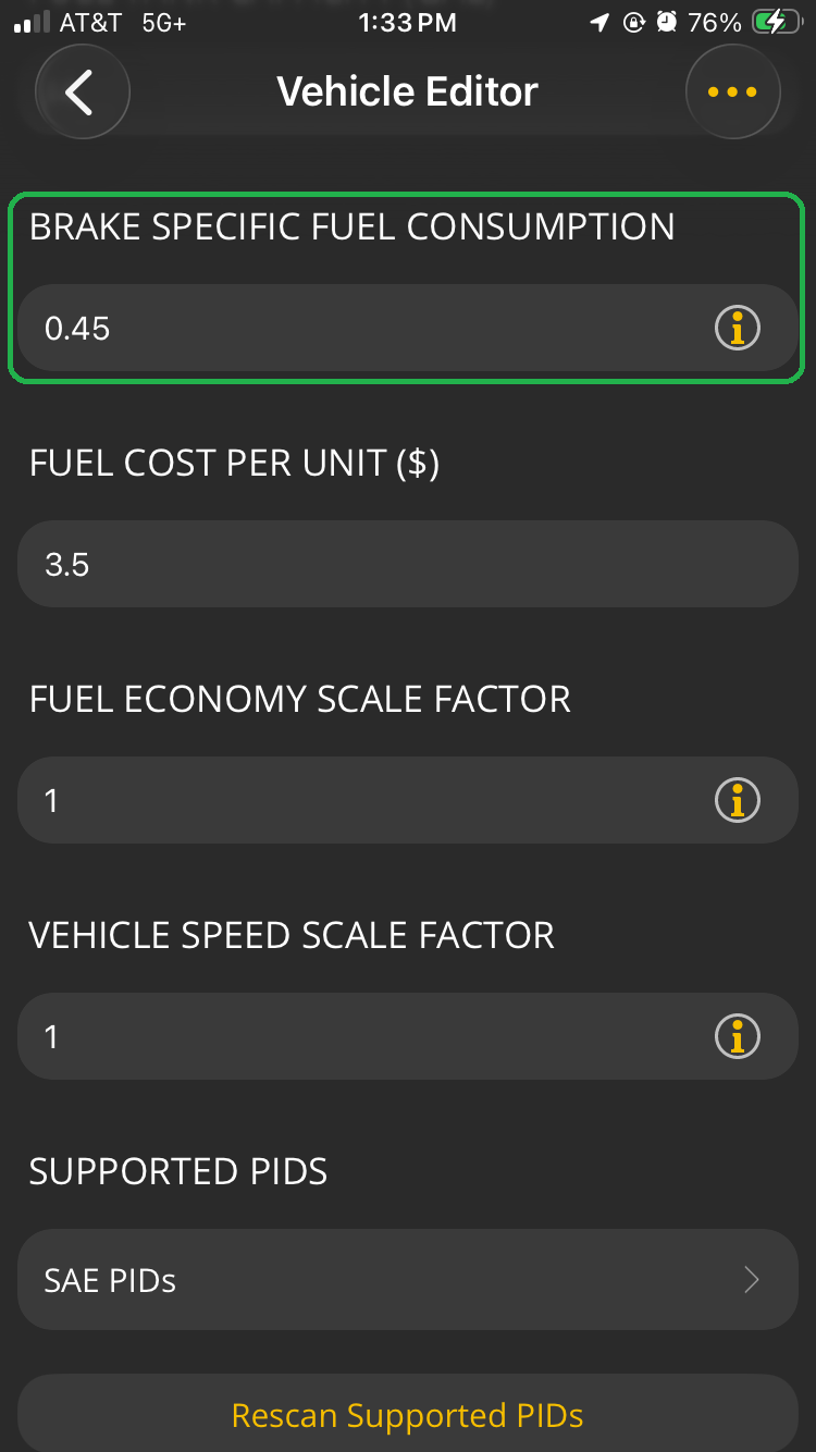 iOS screen showing Vehicle Editor options. The Brake Specific Fuel Consumption field is highlighted.