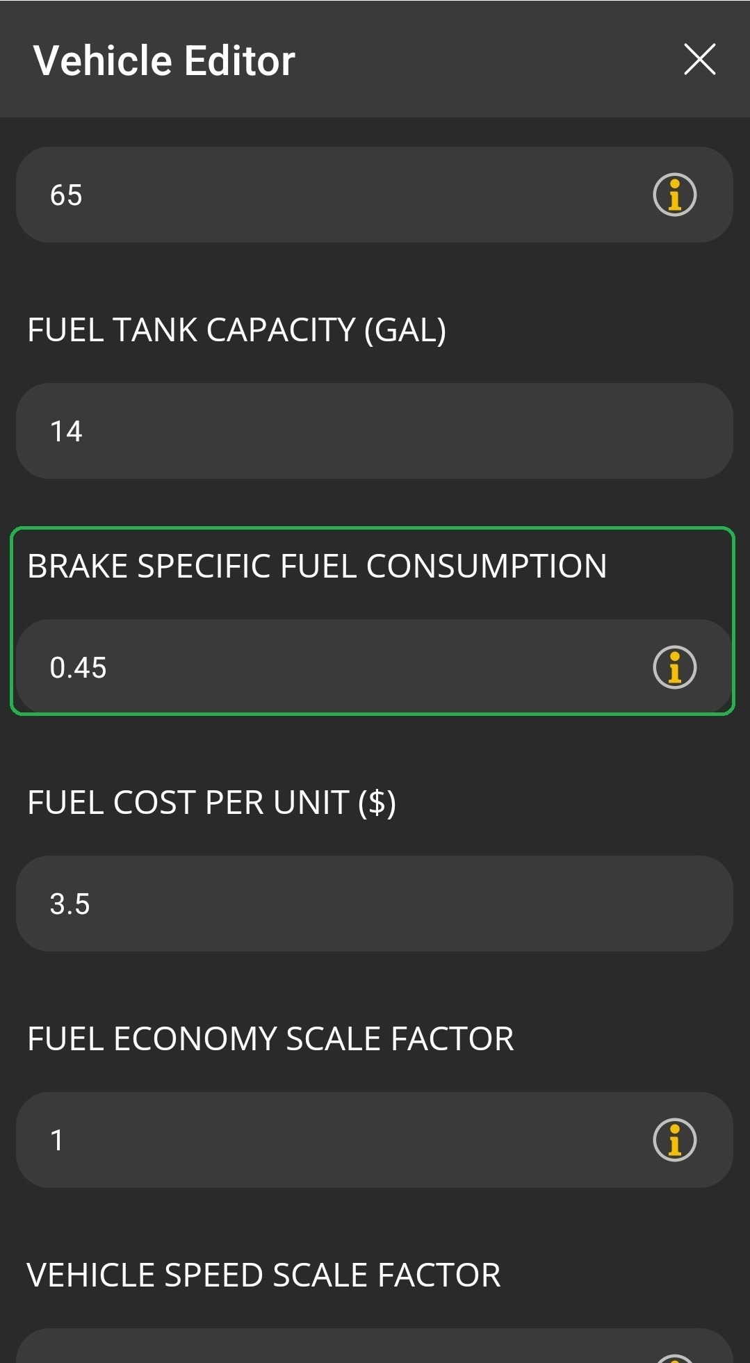 Android screen showing Vehicle Editor options. The Brake Specific Fuel Consumption field is highlighted.