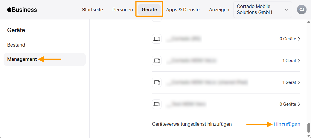 Geräteverwaltungsdienst hinzufügen