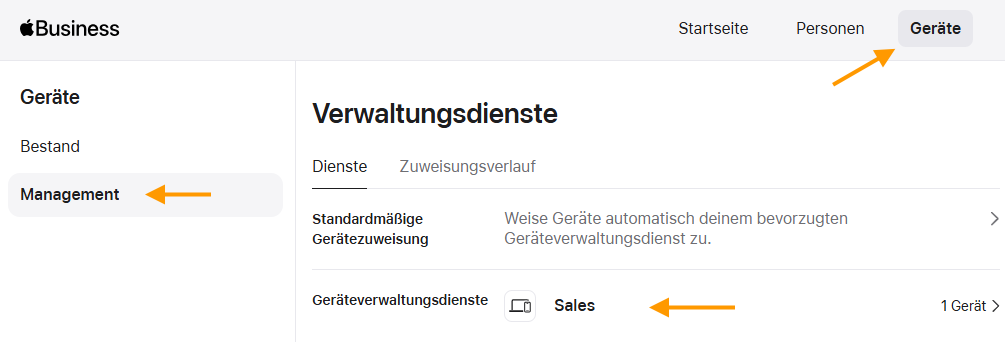 Geräteverwaltungsdienst auswählen