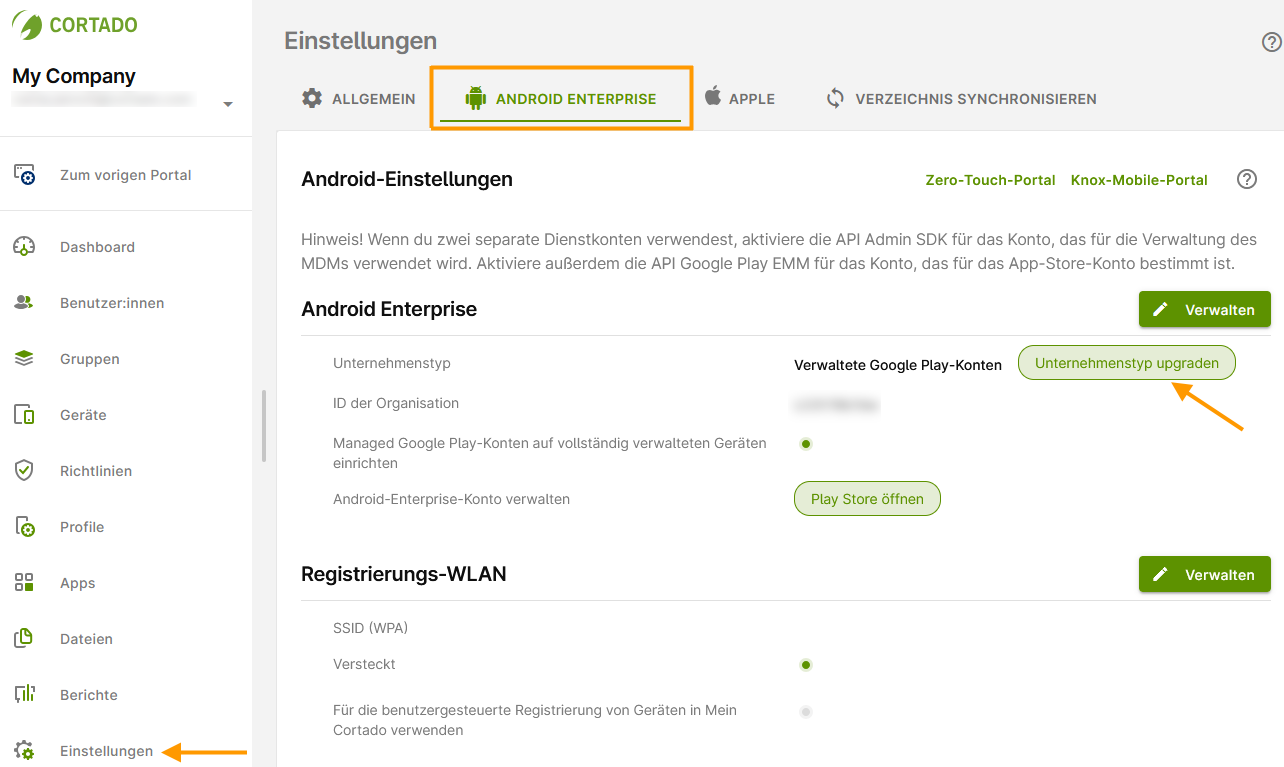 Unternehmenstyp upgraden auswählen