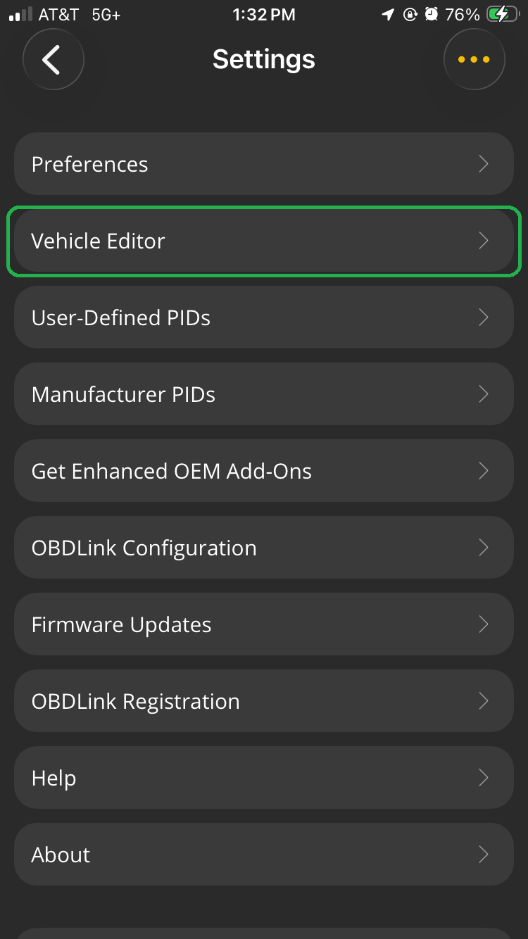 iOS screen showing the Settings screen. The Vehicle Editor option is highlighted.