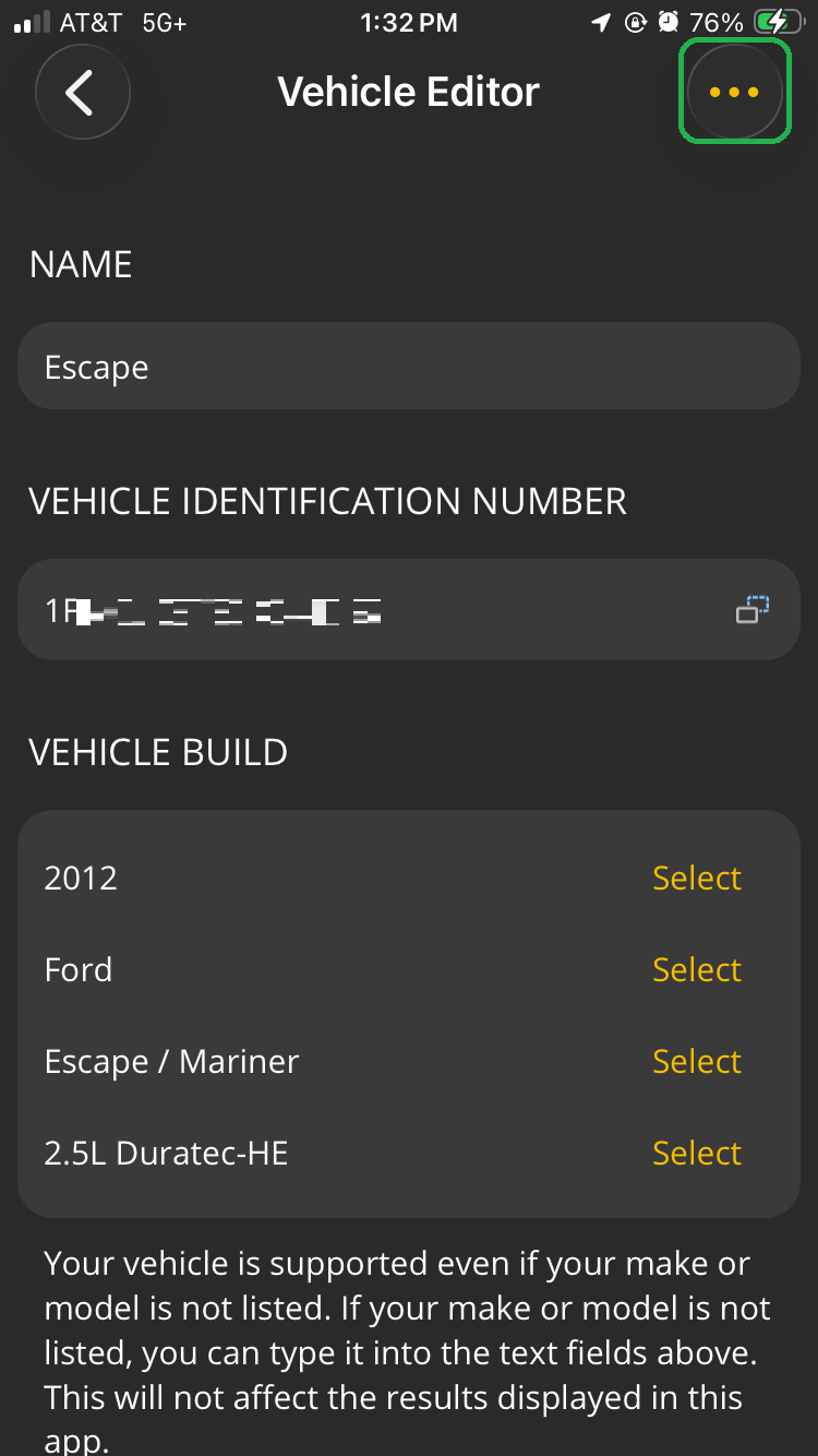 iOS screen showing the Vehicle Editor screen. The Menu button (3 dots) is highlighted.