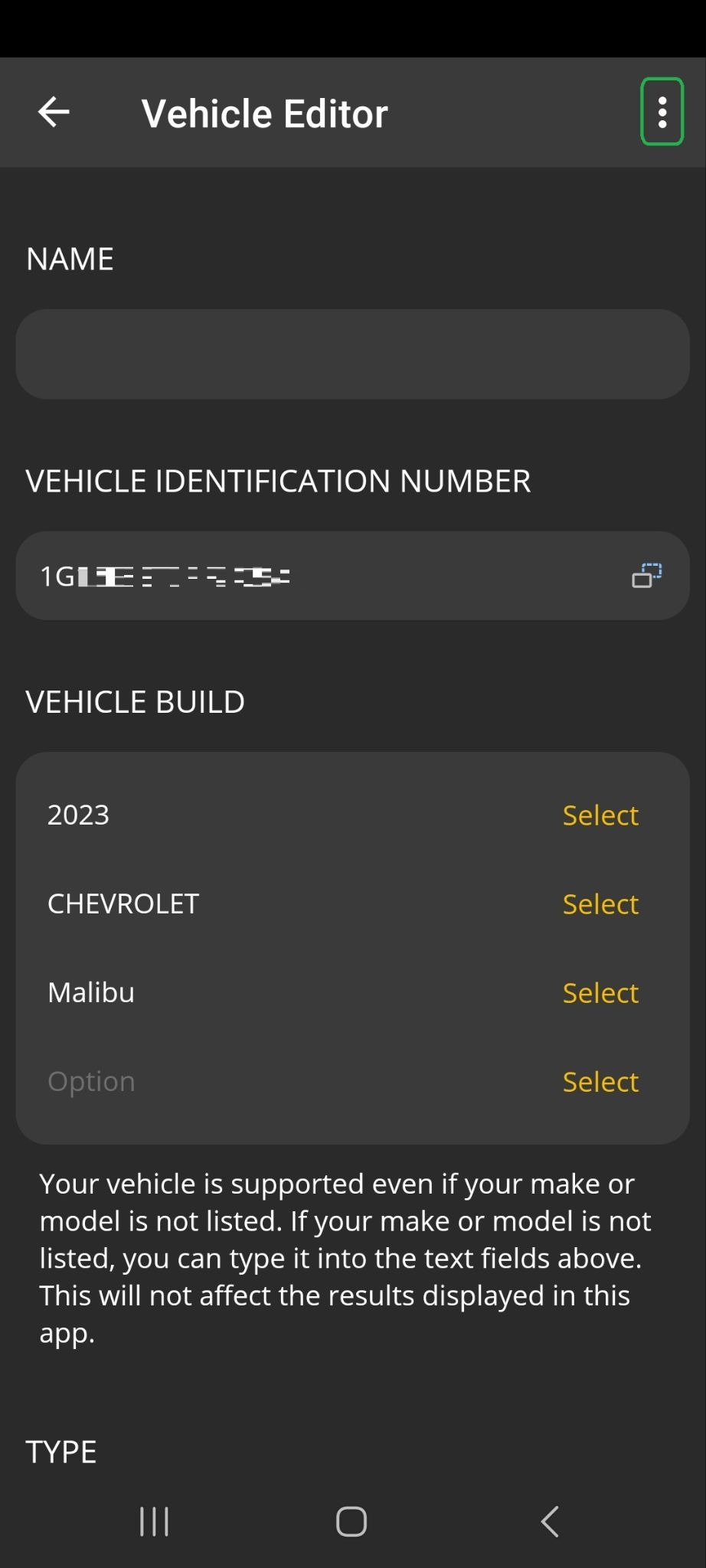 Android screen showing the Vehicle Editor screen. The Menu button (3 dots) is highlighted.