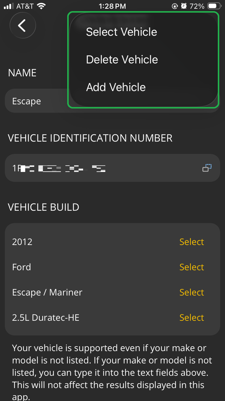 iOS screen showing the Vehicle Editor screen. The Menu options are highlighted.