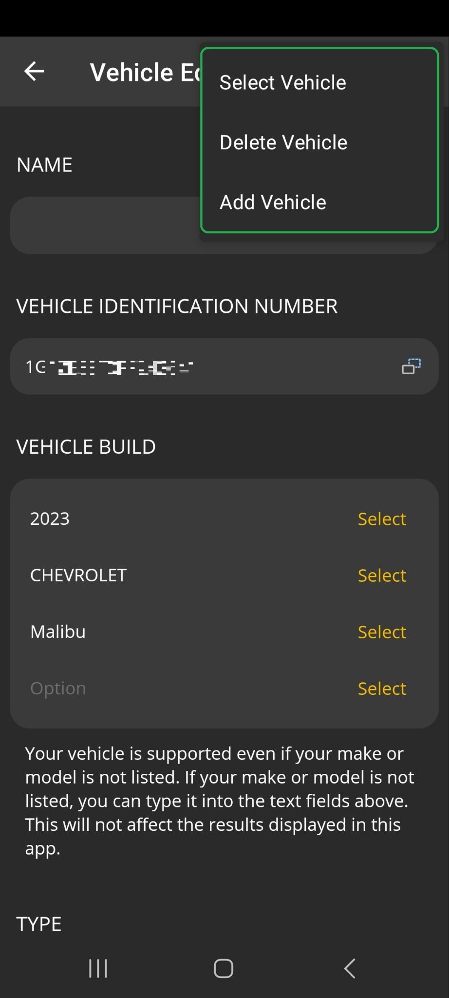 Android screen showing the Vehicle Editor screen. The Menu options are highlighted.