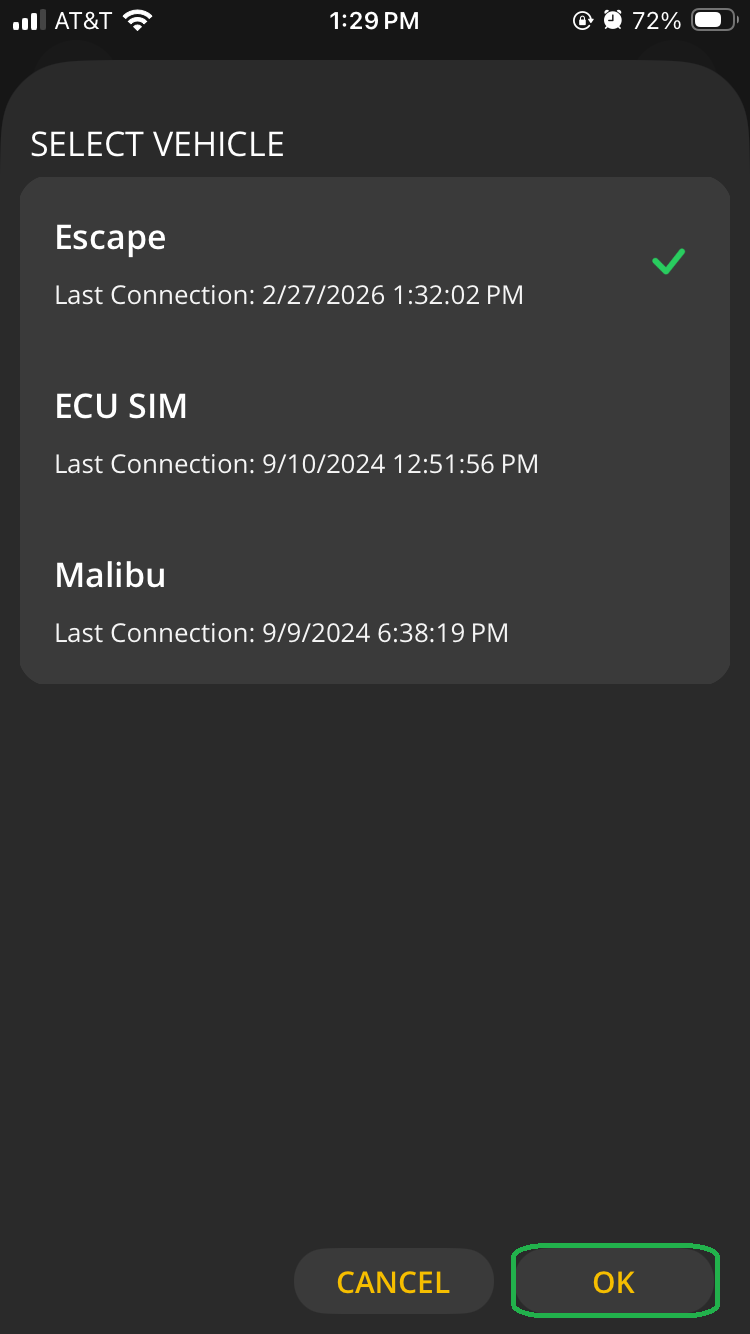 iOS screen showing the Select Vehicle screen. A vehicle labeled "Escape" has a checkmark indicator. The OK button is highlighted.