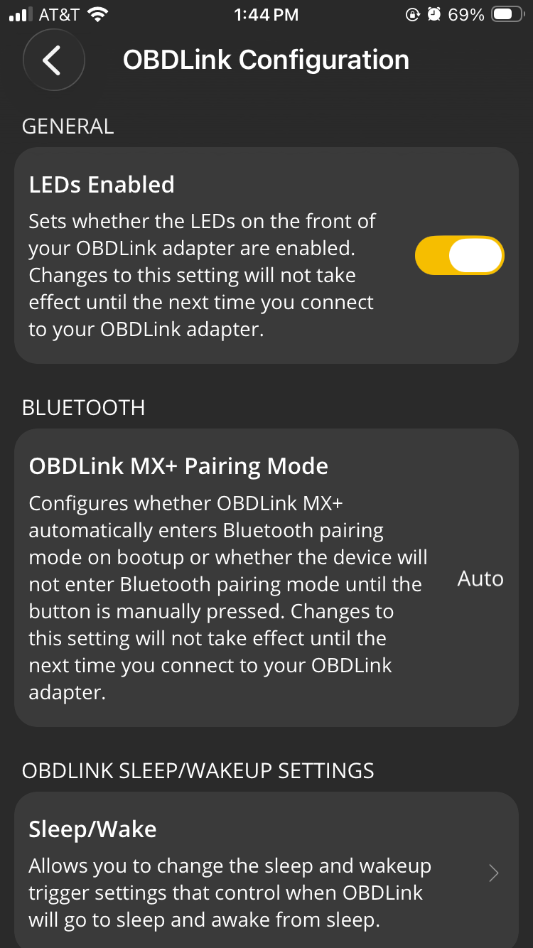 iOS screen showing OBDLink Configuration options for an MX+ adapter.