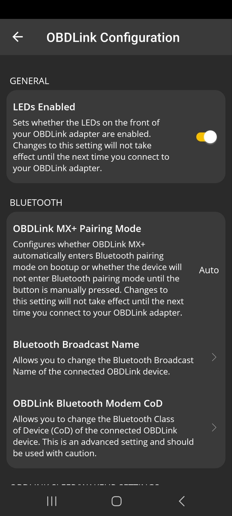 Android screen showing OBDLink Configuration options for a CX adapter.