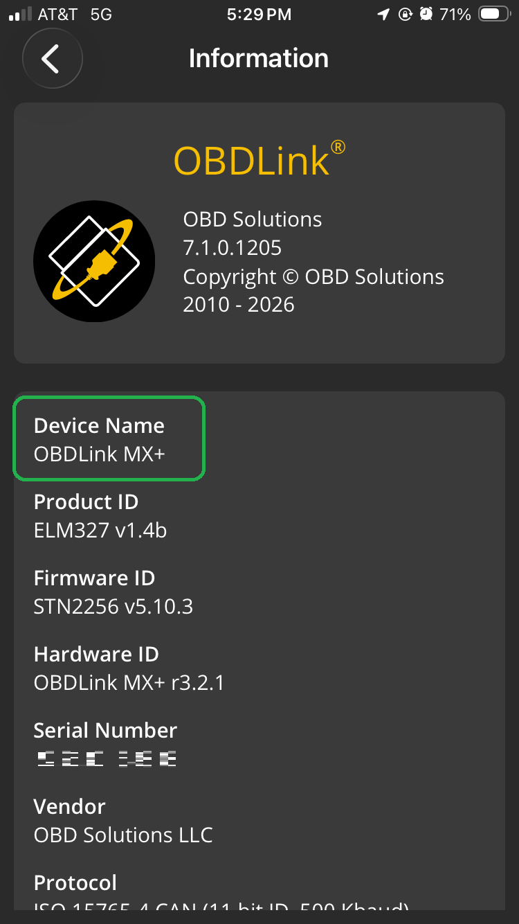 iOS screen showing About > Information options for an MX+ adapter.