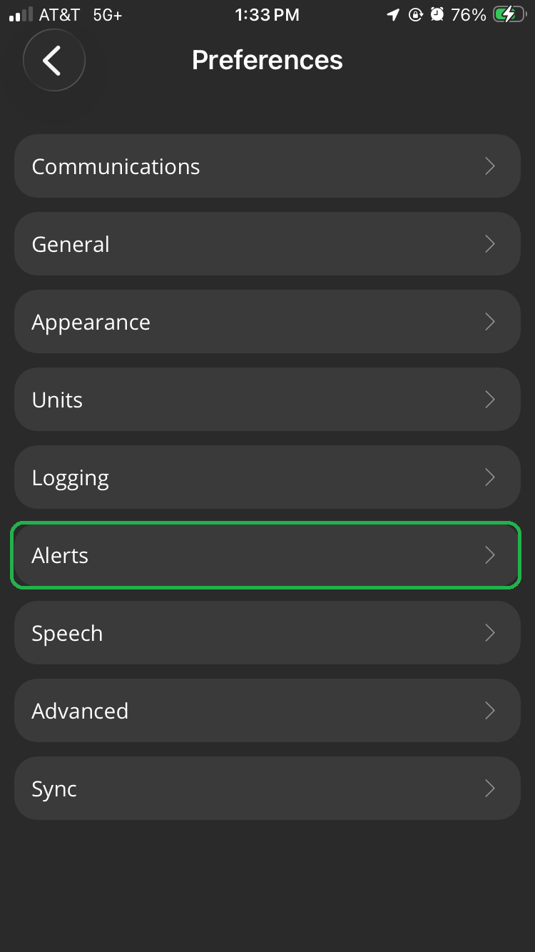 iOS Preferences screen with Alerts highlighted.