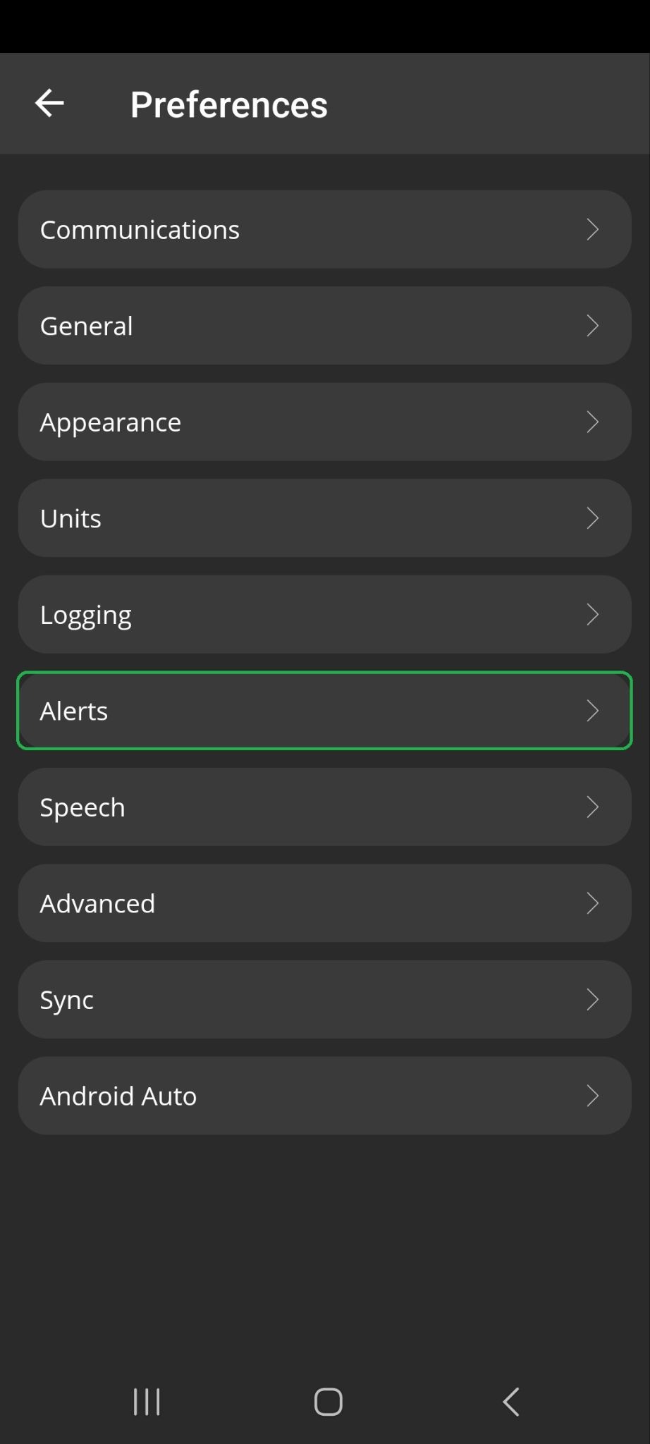 Android Preferences screen with Alerts highlighted.