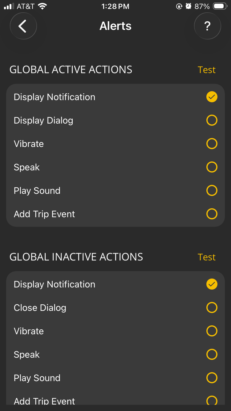 iOS Alerts screen showing a list of Global Active Actions and Global Inactive Actions. Two radio buttons for Display Notification are both checked.