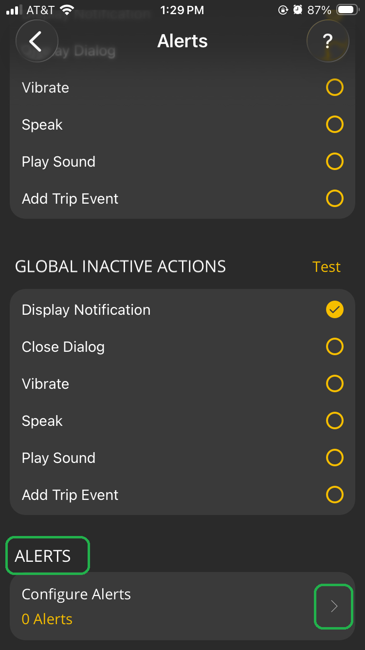 iOS Alerts screen showing the Configure Alerts section. The forward arrow is highlighted.